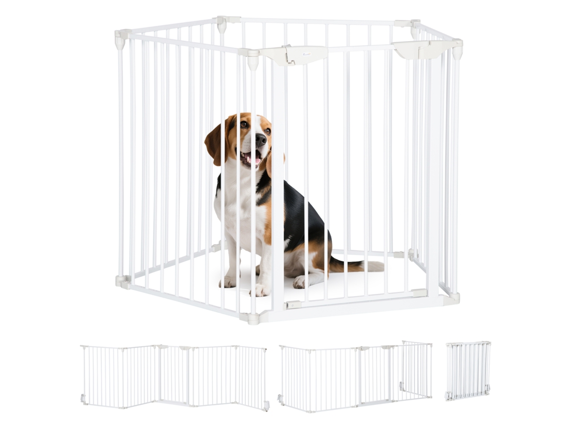Portão ajustável e dobrável para cães com fechamento e travamento automáticos 300x74,5 cm Branco S/MARCA