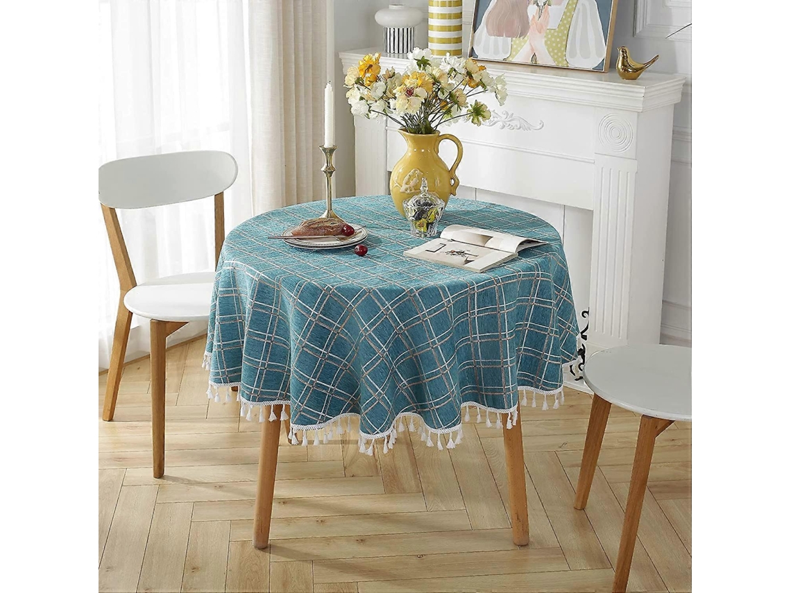 Lurelia Toalha De Mesa Redonda Algodão Linho Natural 140x140cm Lavável Antimanchas Borlas Macio