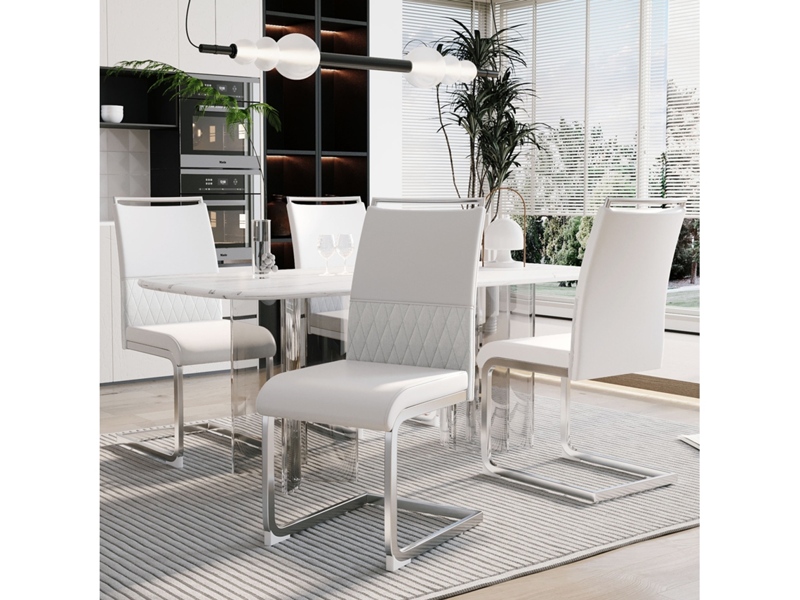 Conjunto De 4 Cadeiras Modernas Em Couro Sintético E Linho Branco Com Encosto Alto E Listras Horizontais Para Sala E Escritório.