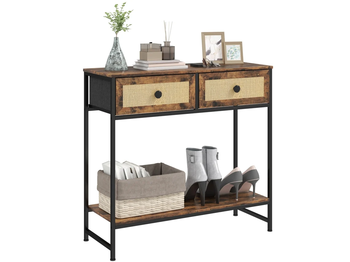 Mesa Consola Móvel De Entrada Com Prateleira Aberta 2 Gavetas Frente Em Vime Consola De Entrada 80x30x75 Cm Marrom Rústico