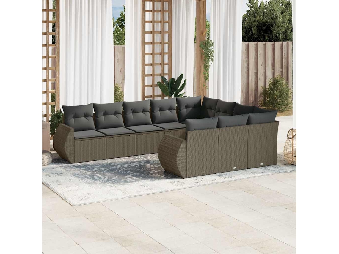 Vidaxl 10 Pcs Conj. Sofás Jardim Com Almofadões Vime Pe Cinzento-claro