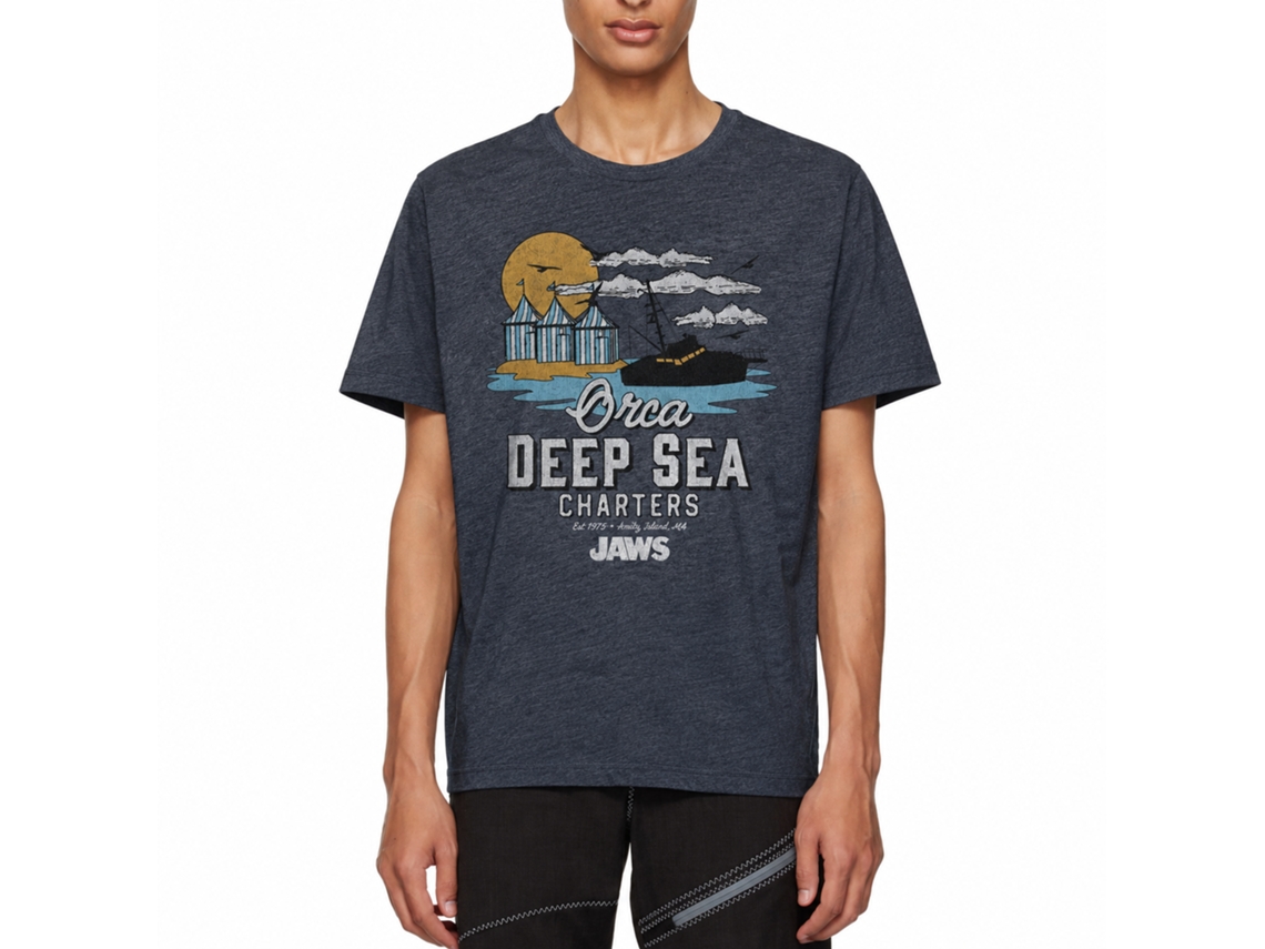 Rockinstone Jaws Movie Orca Charters Illustrated Heather Navy Adult Shirt Size:xl