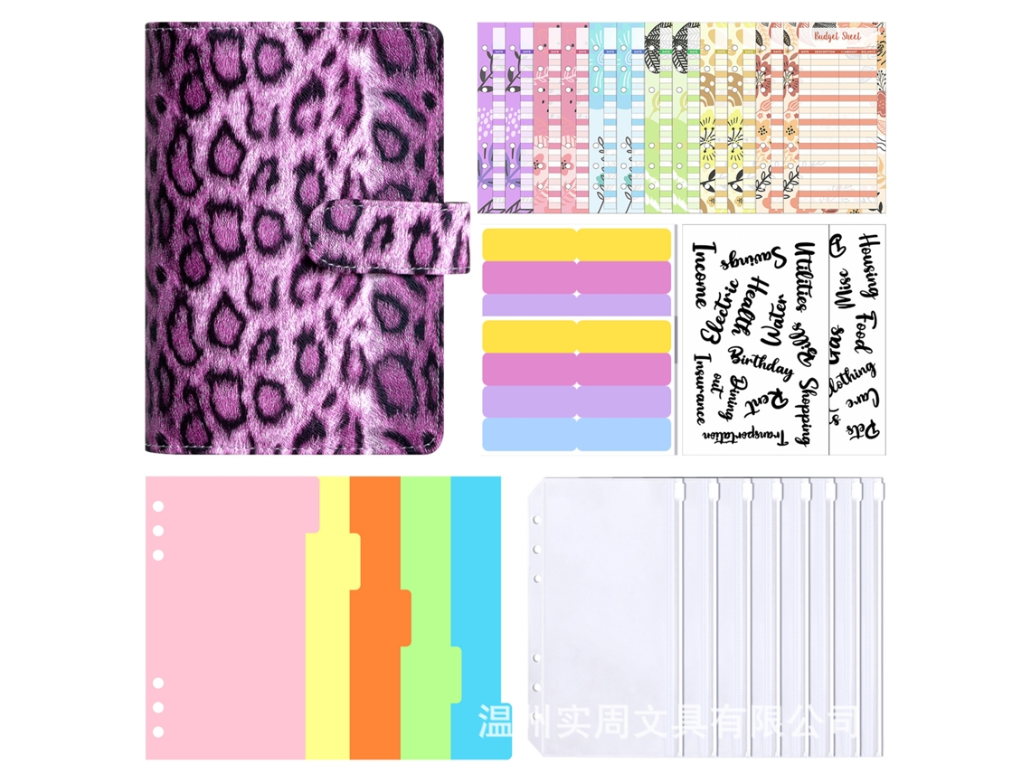 Creative A6 Leopard Macaron Loose Leaf Binder Cash Budget Savings Book Finance Ledger Planner Purple Cover With 8-zipper