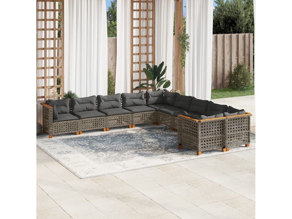 Vidaxl 10 Pcs Conjunto Sofás De Jardim C/ Almofadões Vime Pe Cinzento