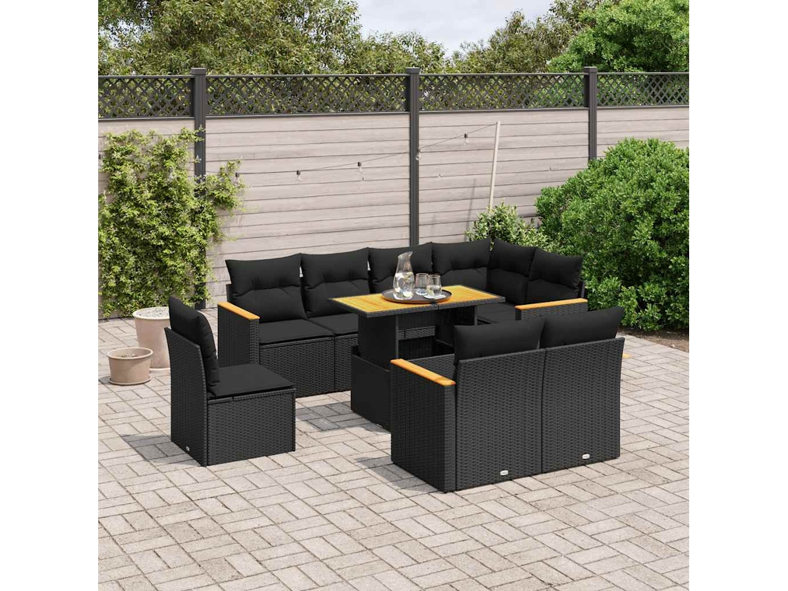 Vidaxl 9 Pcs Conjunto De Sofás P/ Jardim C/ Almofadões Vime Pe Preto