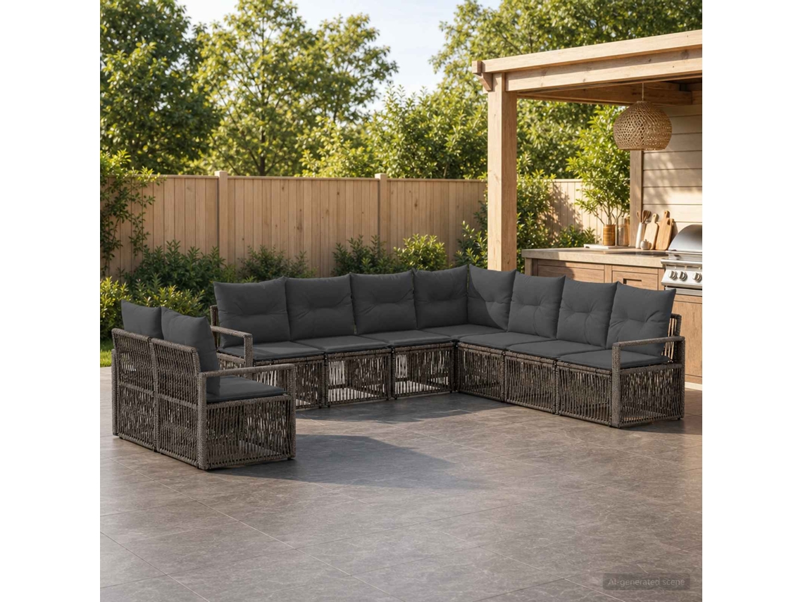 Vidaxl Conjunto De Sofá De Jardim 9 Unid. Cinzento Vime Pe