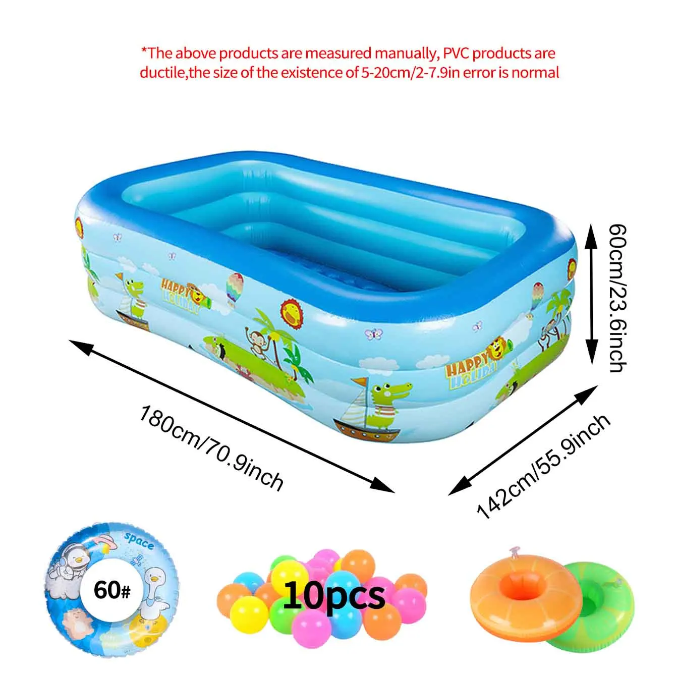 Piscina Inflável Grande (conjunto De 1,8 M), Retangular, Em Pvc Espesso, Com Válvula De Ar E Dreno.