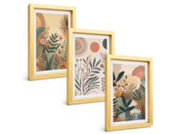 Composição De Quadrosmotivos De Plantas, Cores Suaves Moldura Dourada Imagens Para Um Quarto Infantil Espelharte (3 Peças 20x30 Cm)