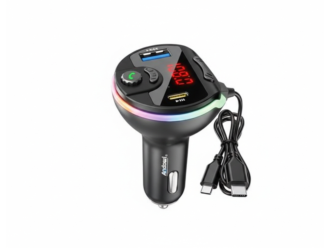 Transmissor Fm Bluetooth Mp3 Player Entrada Usb Duplo + Type-c 3.1a Led Ambiente Andowl Q-c80 Preto