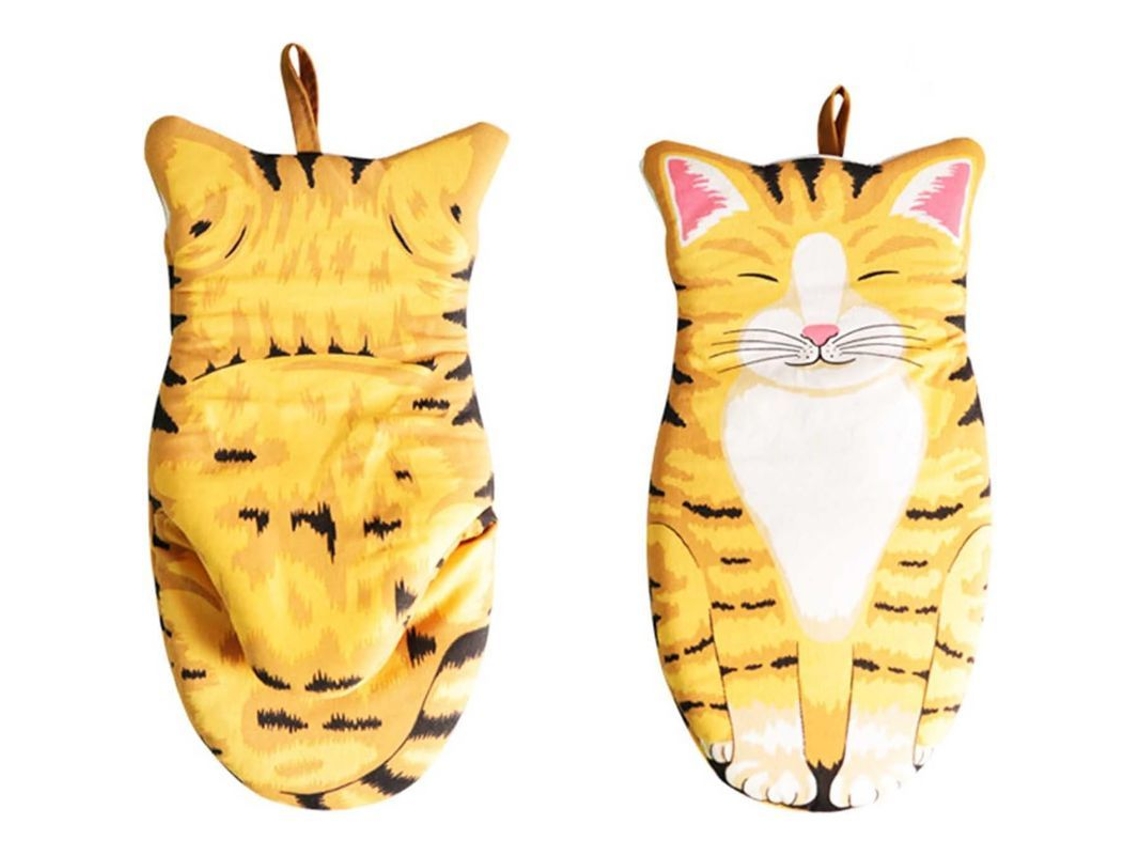 Luvas de forno Rebe-Kawaii com estampa de gatinho, resistentes ao calor até 160°C (320°F), ideais para cozinhar e assar.