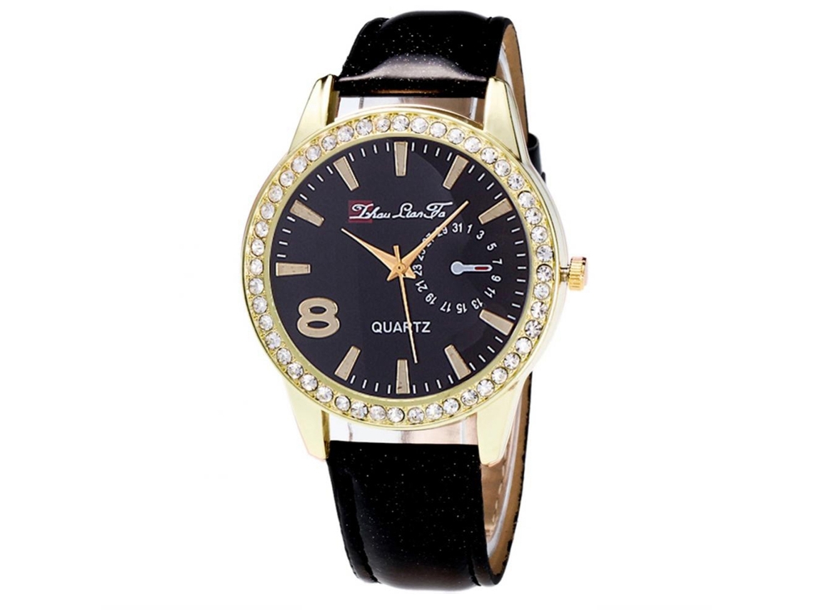 Relógio de casal Zhoulianfa Quartz com pulseira de couro PU e strass (preto)