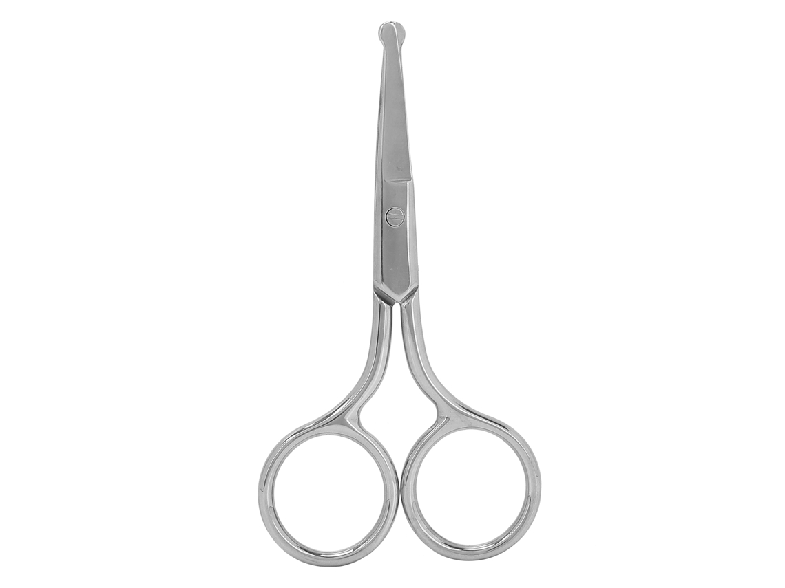 Tesoura de aço inoxidável com ponta arredondada para pelos do nariz e barba.