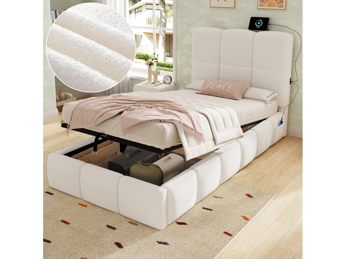 Cama Acolchoada Estofada Com Usb Com Estrado De Ripas Com Cabeceira Com Armazenamento De Boucle Acabamento Na Cor Bege