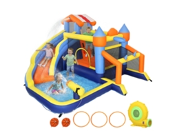 Castelo Insuflável Aquático 8 em 1 com Soprador 550w (escorrega, Trampolim, Escalada, Piscina, Baliza, Basquetebol, Lançamento)