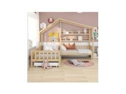 Berço Infantil Em Madeira Maciça Com Gavetas, Prateleiras E Grade De Proteção, Estrutura Em L, Medidas 90x200 Cm 140x70 Cm, Cor Natural Quenty