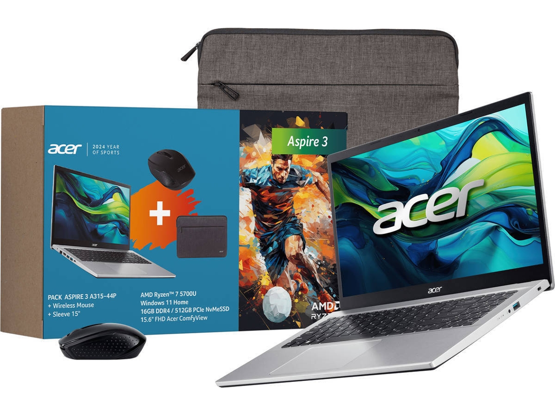 Pack Portátil ACER Aspire 3 15 A315-44P (15,6'' - AMD Ryzen 7 5700U - RAM: 16 GB - 512 GB SSD PCIe - AMD Radeon Graphics) + Rato + Sleeve