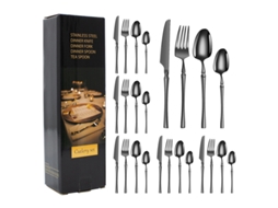 Conjunto De Talheres Em Aço Inoxidável Com Revestimento De Titânio (24 Peças - Preto) - Inclui Facas, Garfos E Colheres.