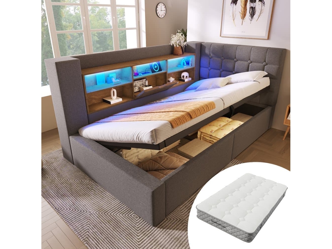 Cama Individual 90x200 – Led, Armazenamento Hidráulico, Cabeceira Em L Com Prateleiras – Cinza