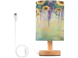 Cabeceira com girassóis e flores silvestres para quarto, com suportes USB-C, luminária de mesa.