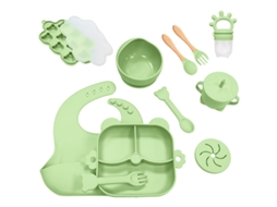 Conjunto Desmame Bebé EIFSON 6+ Meses Silicone Prato Tigela Copo Talheres 11 Peças (verde)