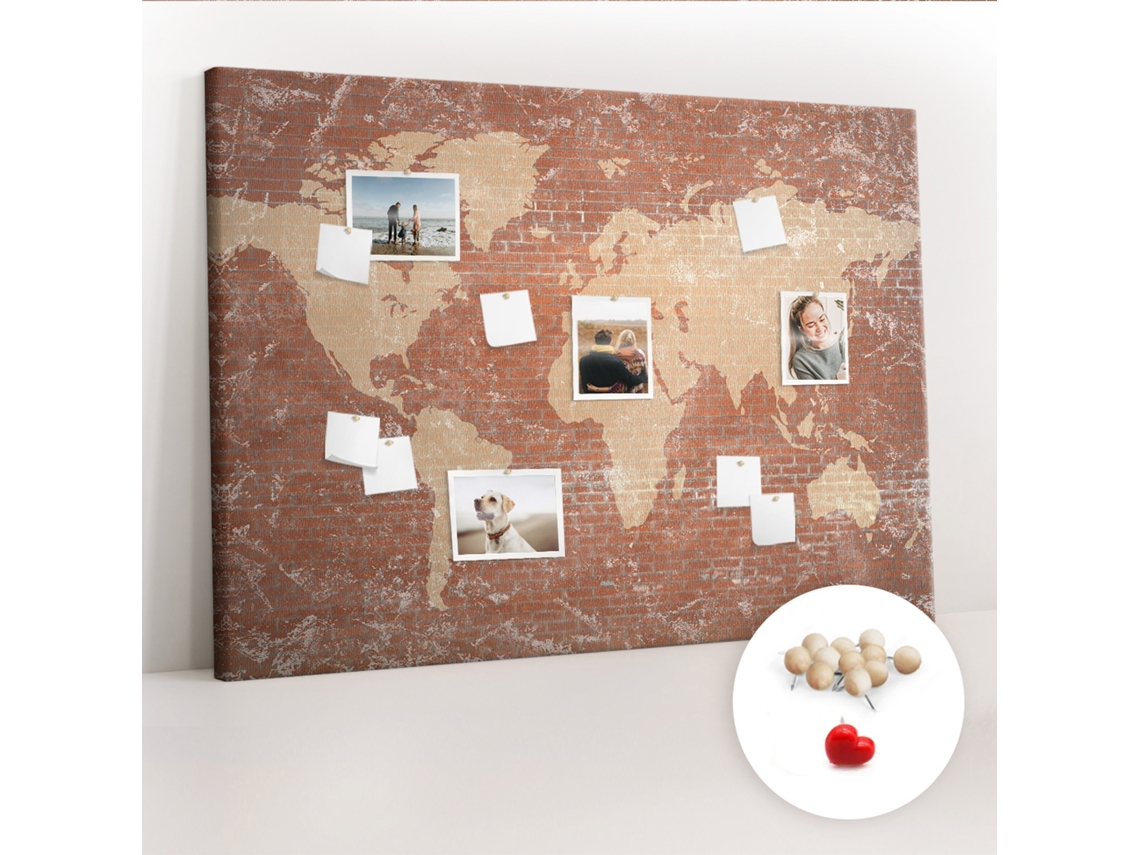 Quadro De Cortiça Com Impressão Mapa-múndi Em Tijolos Para O Corredor Espelharte (140x100 Cm)