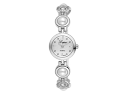 Relógio de Pulso Feminino de Quartzo com Pulseira de Liga e Strass Estilo Elegante Branco Prateado