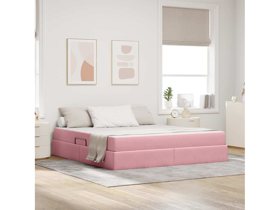 Vidaxl Cama com Arrumação e Colchão Rosa 160 X 200 Cm Veludo