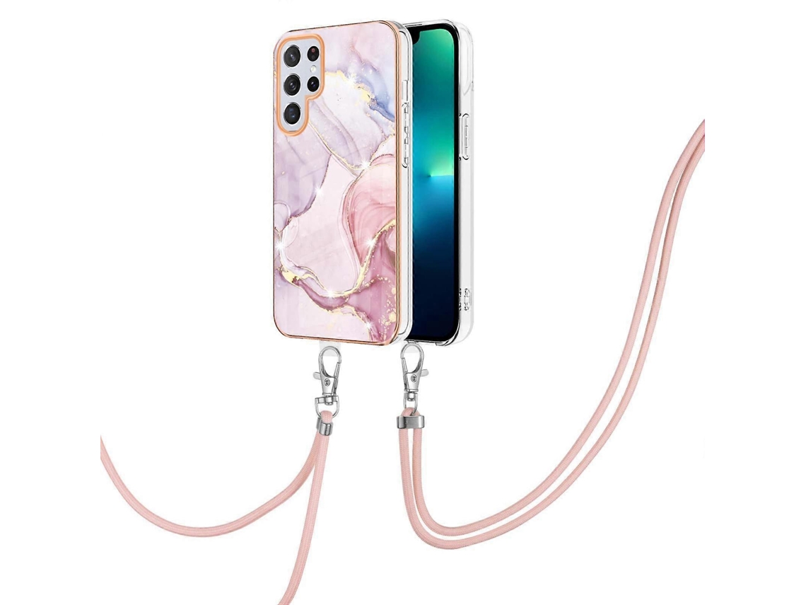 Capa Dupla Face Em Tpu Imd Com Efeito Mármore E Revestimento Eletroplástico Para Samsung Galaxy S23 Ultra 5g, Com Cordão.