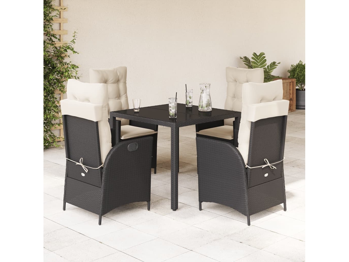 Vidaxl 5 Pcs Conjunto De Jantar P/ Jardim C/ Almofadões Vime Pe Preto