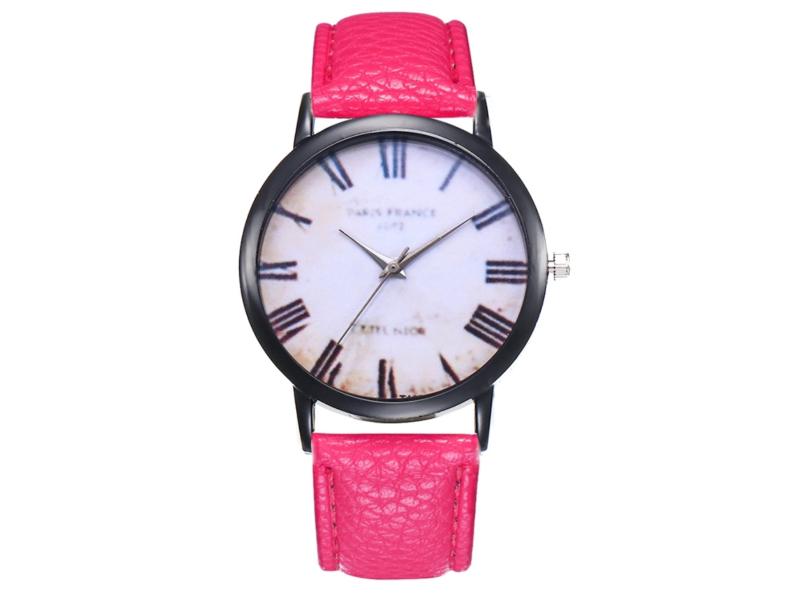 Reloj De Cuarzo Unisex Con Correa De Cuero Pu Fashión Dial Redondo Números Romanos Rojo Rosa