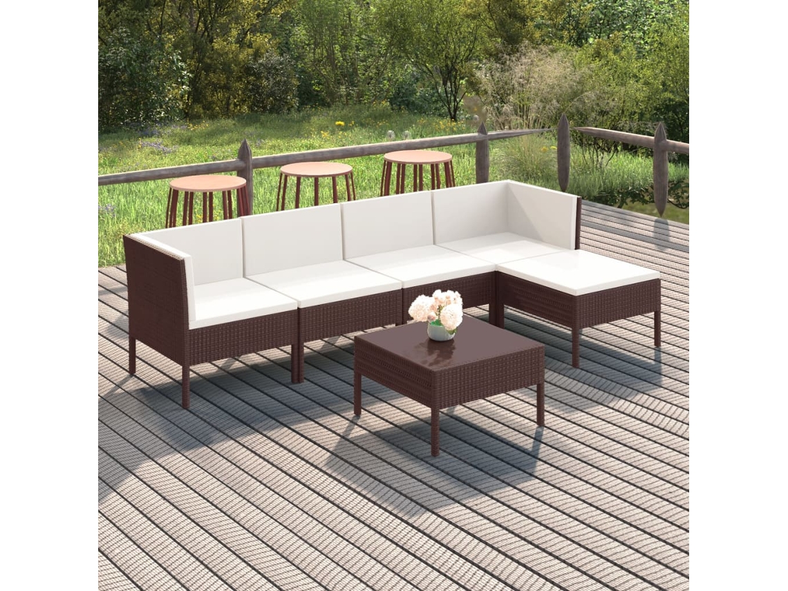 Vidaxl 6 Pcs Conjunto Lounge Jardim C/ Almofadões Vime Pe Castanho