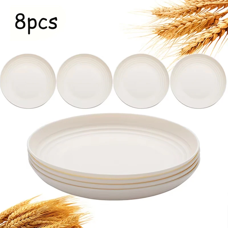 Conjunto De 8 Pratos De Jantar Em Pp Bege, Resistentes A Quedas E Reutilizáveis, Ideais Para Cozinhas Domésticas E Piqueniques Em Acampamentos.