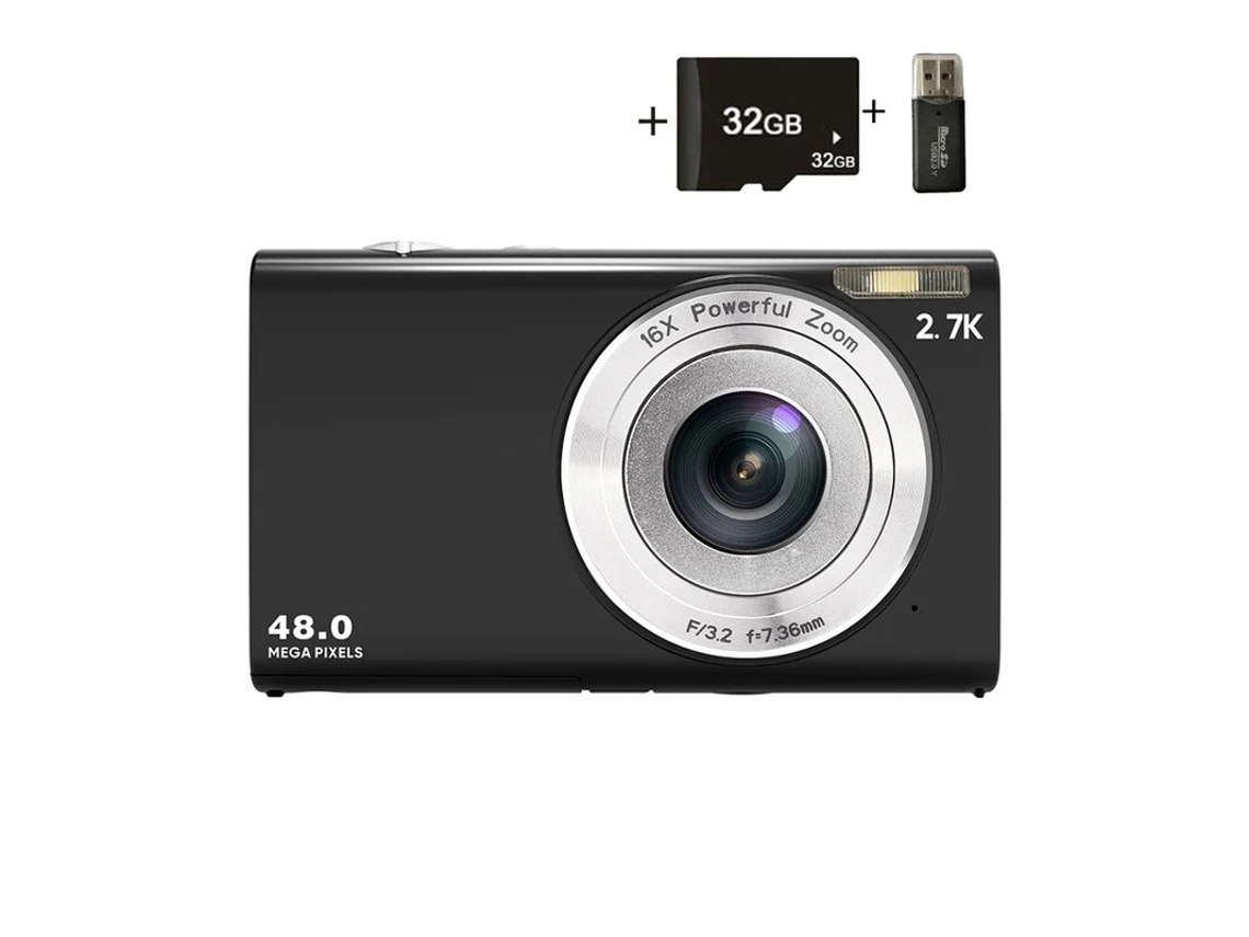Câmera digital compacta Yizhood 2.7K de 48 MP com zoom digital de 16x, cartão de 32 GB, preta
