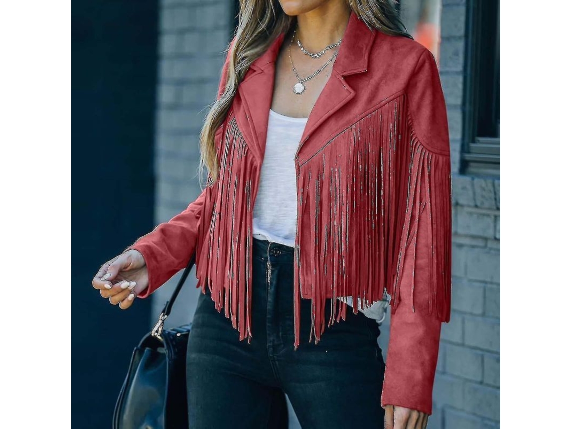 Jaqueta Fringe Feminina De Courto Couro Falso Estilo Cowboy Com Mangas Longas E Tasséis Cardigan Vermelho