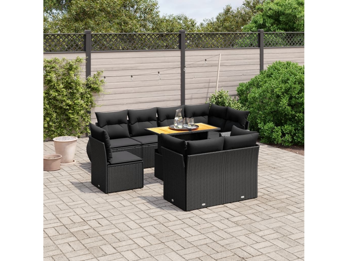 9 Pcs Conjunto De Sofás P/ Jardim C/ Almofadões Vime Pe Preto Dkd Home Decor