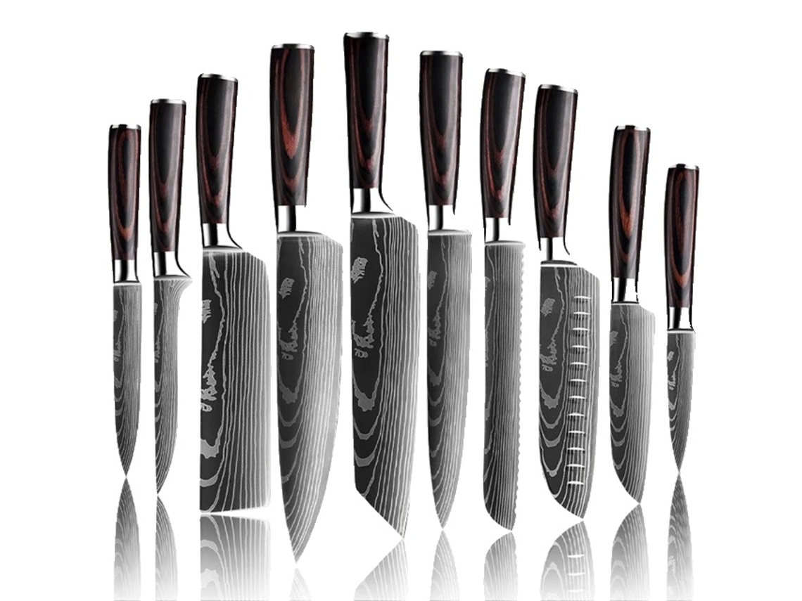 Conjunto De Faca De Cozinha, Padrão Laser Damasco, Faca Japonesa Santoku, Conjunto De 10 Peças Oem