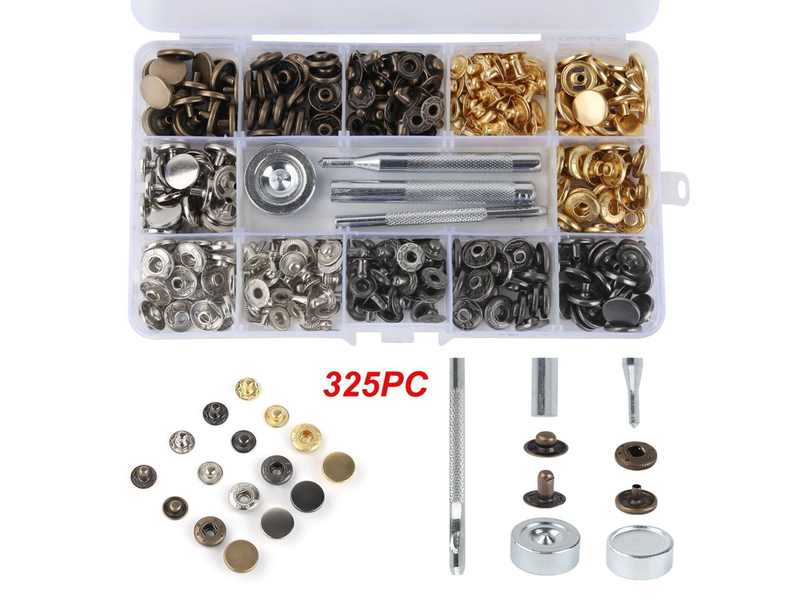 Kit com 325 Botões de Pressão em Couro, Ferramentas para Botões de Pressão Metálicos, Botões de Pressão com Tampa Dupla em Latão. AQUAFORGE