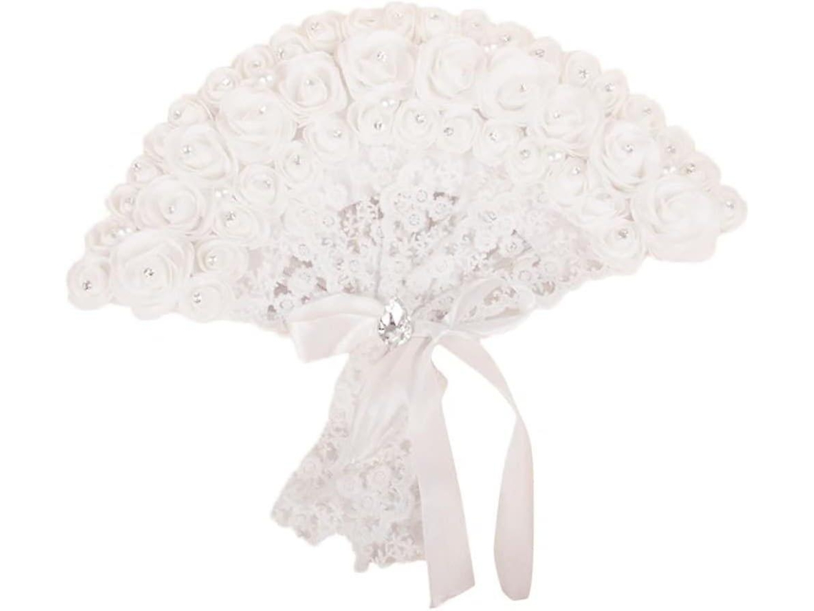 Leque De Mão Elegante Para Noivas, Com Renda E Rosas, Não Dobrável E Decorativo (branco, Pacote Com 1 Unidade)