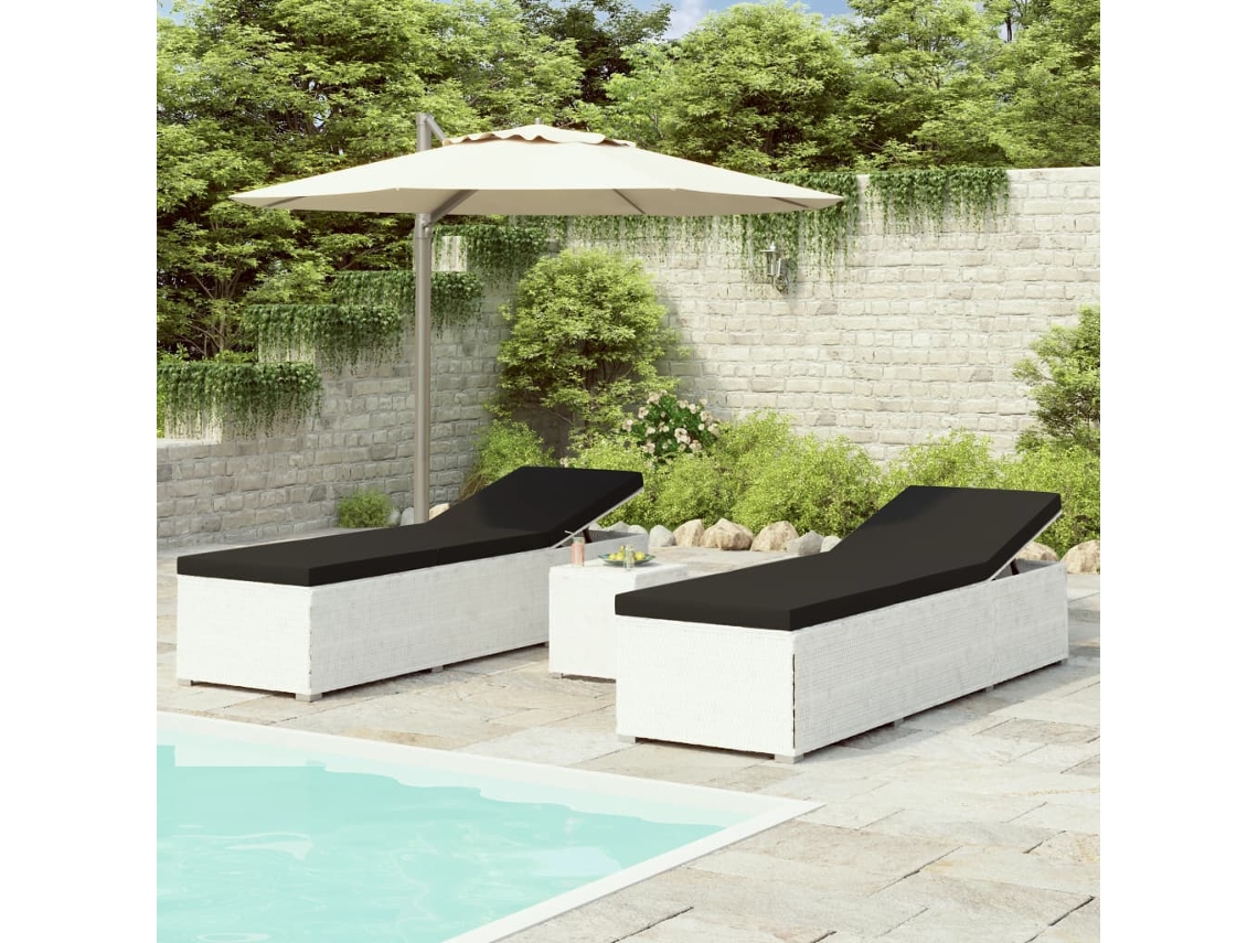 Vidaxl 3 Pcs Espreguiçadeiras Jardim C/ Mesa De Centro Vime Pe Branco