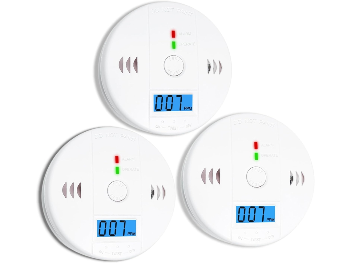 Conjunto De 3 Detectores De Monóxido De Carbono, Alimentados Por Bateria E Com Visor Lcd