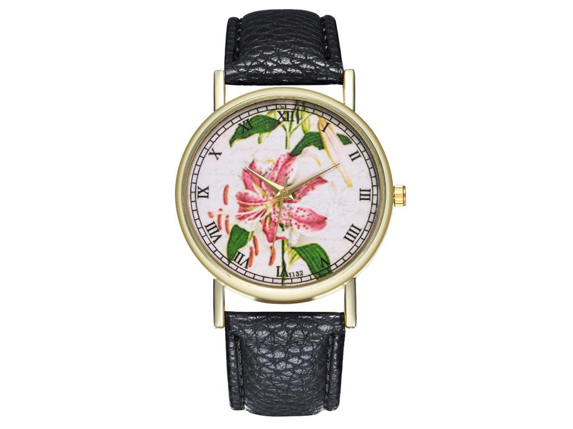 Reloj Analógico De Cuarzo Unisex Con Correa De Pu Floral Stylish Zhoulianfa Negro