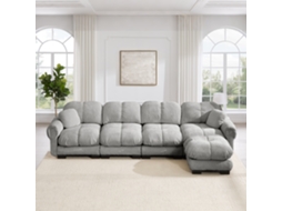 Sofá 4 Lugares, L-fórmico, Modular, Com Ottomana Móvel, Tecido Chenille, Design Acolchoado, Cinzento Claro