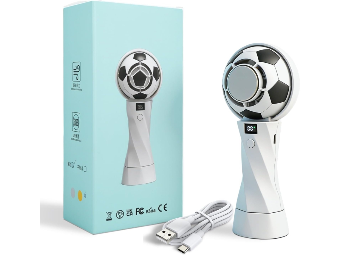 Ventilador Portátil EIFSON Forma Bola de Futebol com 100 Velocidades Névoa de Gelo e Ecrã Digital branco