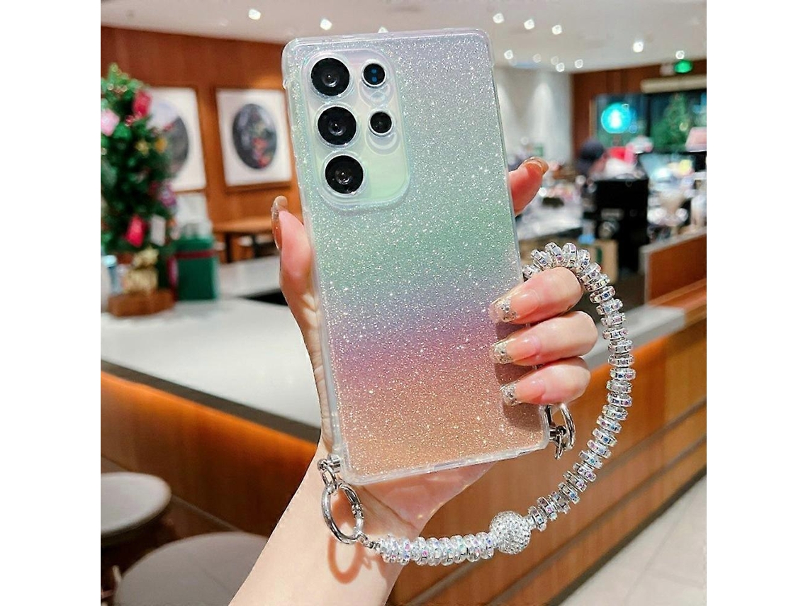 Capa Protetora De Tpu Com Glitter Gradiente E Alça De Pulso Para Samsung Galaxy S25 Ultra - Dourada
