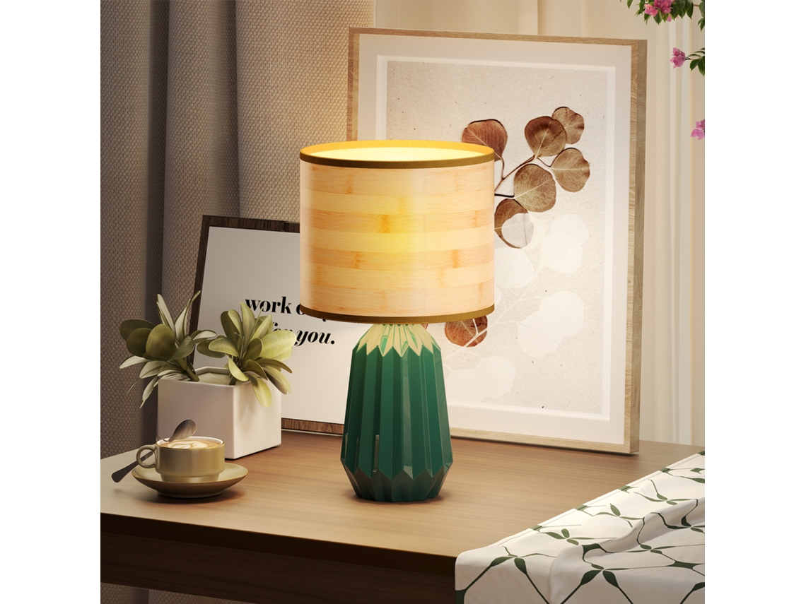 Candeeiro de Mesa com Base Cerâmica Ecrã Linho Estilo Retro Interruptor E27 40w Verde e Madeira