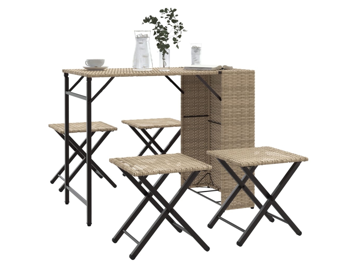 Vidaxl 5 Pcs Conjunto De Campismo Para Jardim Dobrável Vime Pe Bege