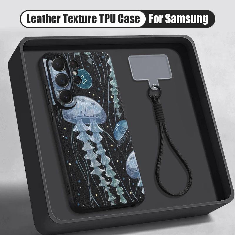 Capa Para Celular Galaxy A55 Com Cordão Preto E Estampa De Água-viva.