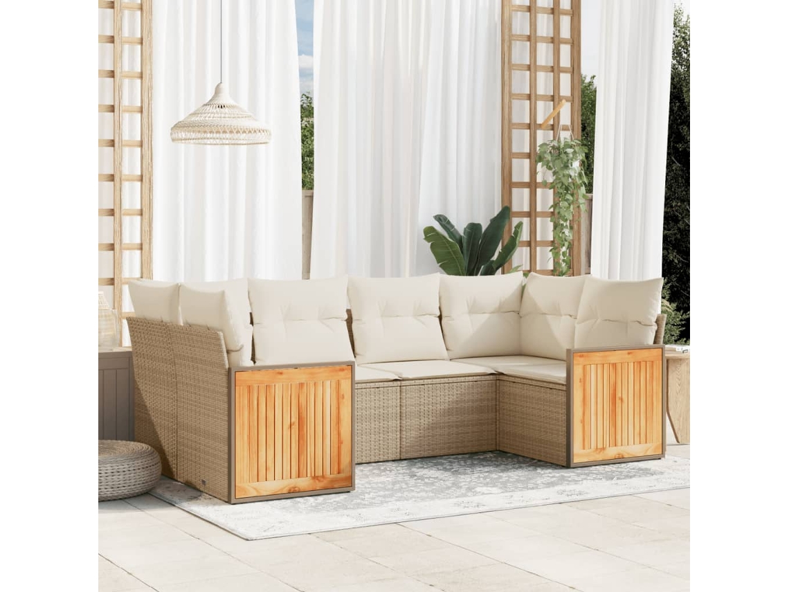 Vidaxl 6 Pcs Conjunto De Sofás P/ Jardim Com Almofadões Vime Pe Bege