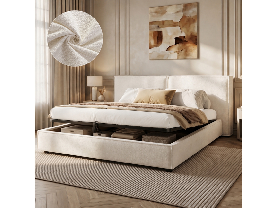 Cama Estofada Bouclé Branco 180x200 Cm