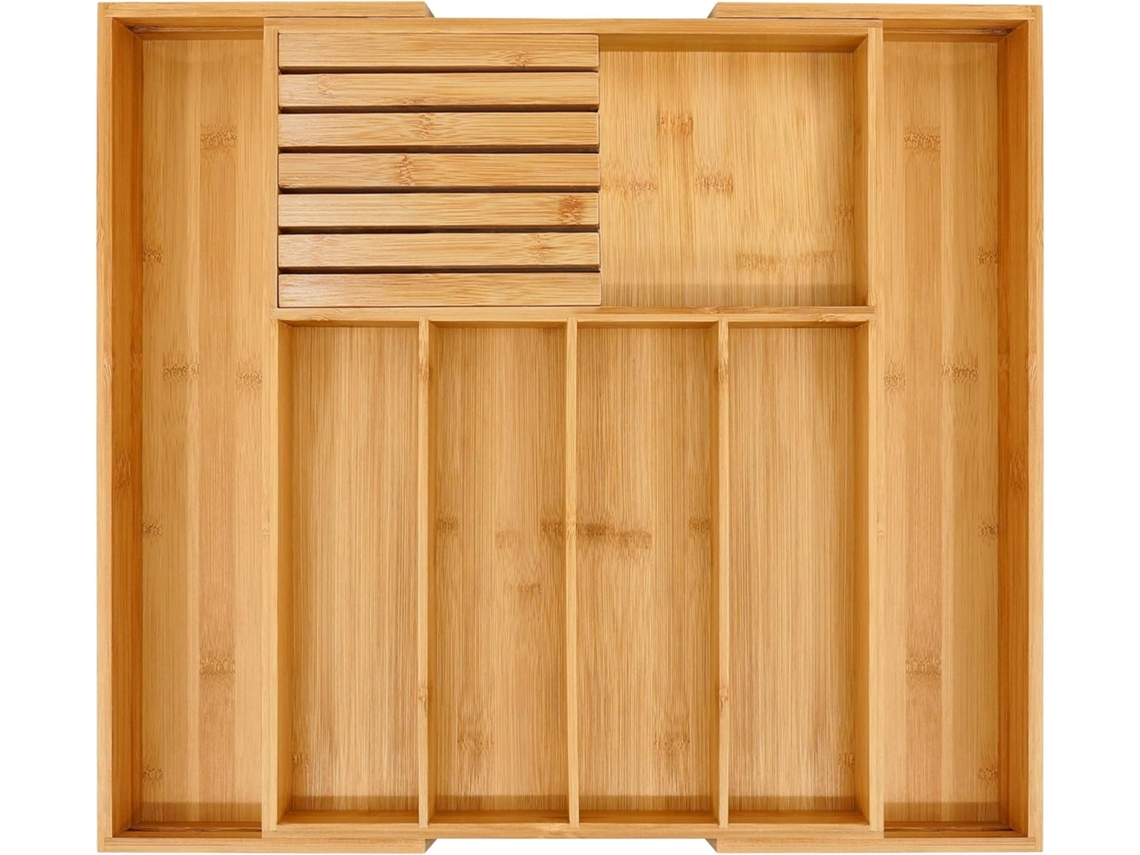 Organizador de talheres de bambu para cozinha, organizador de gavetas de utensílios de madeira, bandeja expansível para talheres e suporte para utensílios Beijiyi